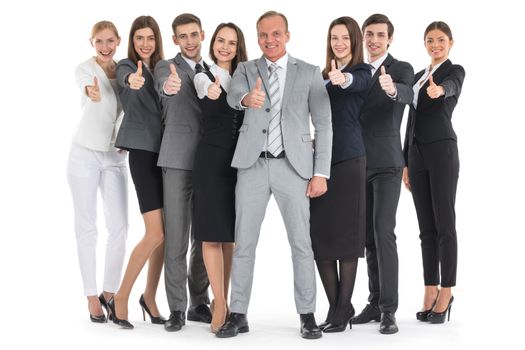 Happy business people cheering and showing thumb up, isolated on white background