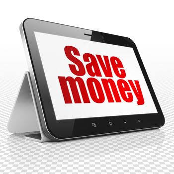 Money concept: Tablet Computer with red text Save Money on display, 3D rendering