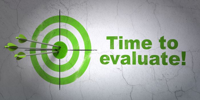 Success time concept: arrows hitting the center of target, Green Time to Evaluate! on wall background, 3D rendering