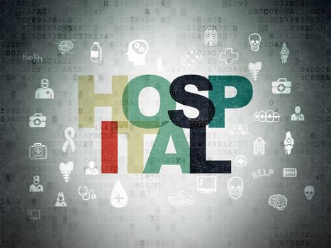 Healthcare concept: Painted multicolor text Hospital on Digital Data Paper background with  Hand Drawn Medicine Icons