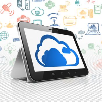 Cloud networking concept: Tablet Computer with  blue Cloud icon on display,  Hand Drawn Cloud Technology Icons background, 3D rendering