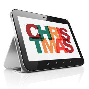 Entertainment, concept: Tablet Computer with Painted multicolor text Christmas on display, 3D rendering