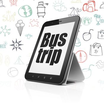 Travel concept: Tablet Computer with  black text Bus Trip on display,  Hand Drawn Vacation Icons background, 3D rendering
