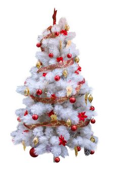 white christmas tree with ornaments on white background