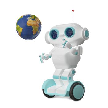 3d Illustration White Robot with Globe on Scooter