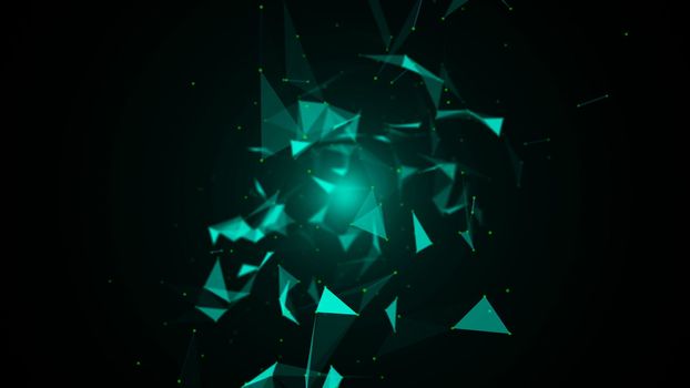 Through the spatial triangles. Space background of dots, lines. 3d rendering