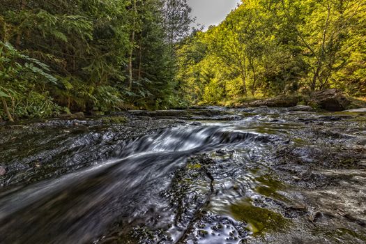 Summer view of a small river in the mountain. Close. Long exposure