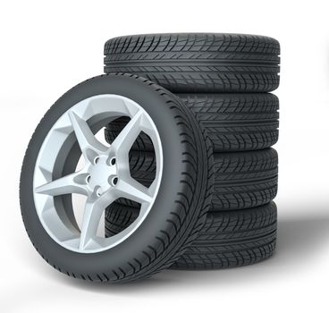 Stack of wheels on white background. 3d illustration