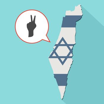 Animation of a long shadow Israel map with its flag and a comic balloon with a V hand sign
