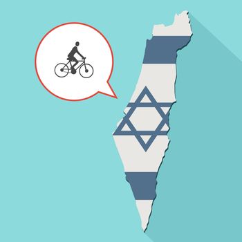 Animation of a long shadow Israel map with its flag and a comic balloon with man on a bicycle
