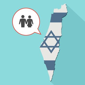 Animation of a long shadow Israel map with its flag and a comic balloon with a heterosexual couple pictogram
