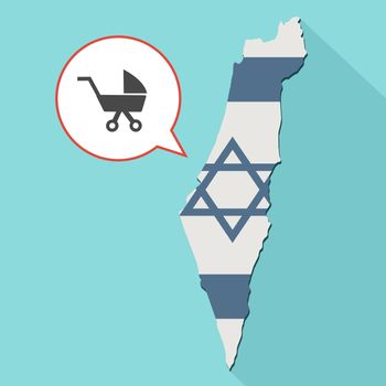 Animation of a long shadow Israel map with its flag and a comic balloon with a baby carriage

