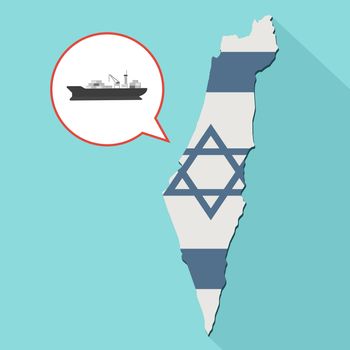 Animation of a long shadow Israel map with its flag and a comic balloon with a cargo ship
