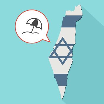 Animation of a long shadow Israel map with its flag and a comic balloon with a beach umbrella
