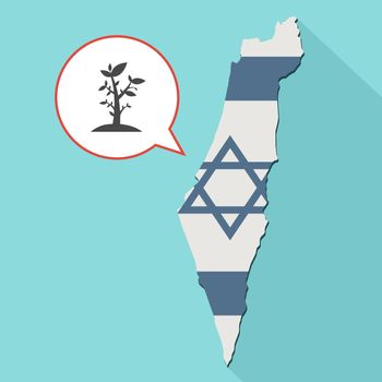 Animation of a long shadow Israel map with its flag and a comic balloon with a plant icon
