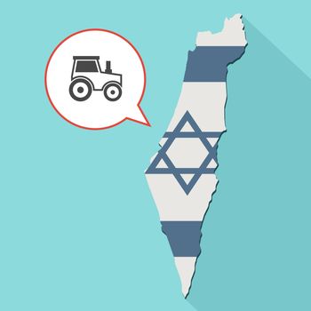 Animation of a long shadow Israel map with its flag and a comic balloon with a tractor
