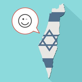 Animation of a long shadow Israel map with its flag and a comic balloon with wink emoji face
