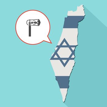 Animation of a long shadow Israel map with its flag and a comic balloon with a purim gragger.