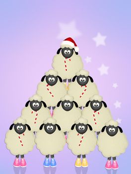 illustration of Christmas tree with sheeps