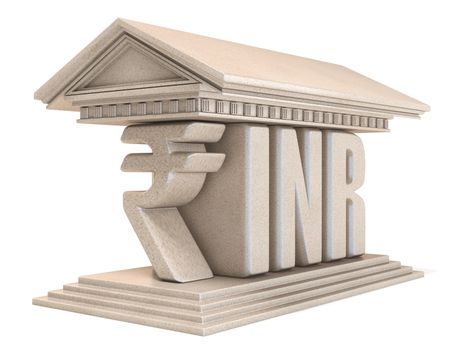 Indian Rupee INR currency sign temple 3D render illustration isolated on white background