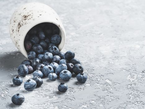 Blueberries on gray concrete background. Blueberry border design. Fresh picked bilberries scattered close up. Copyspace. Closeup