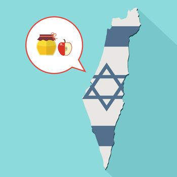 Animation of a long shadow Israel map with its flag and a comic balloon with a honey jar and apple
