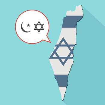 Animation of a long shadow Israel map with its flag and a comic balloon with islam and judaism religions symbols
