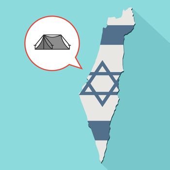 Animation of a long shadow Israel map with its flag and a comic balloon with a tent
