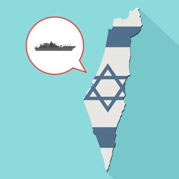 Animation of a long shadow Israel map with its flag and a comic balloon with a military warship
