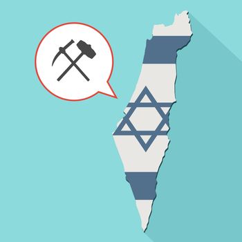 Animation of a long shadow Israel map with its flag and a comic balloon with a hammer and pickaxe icons
