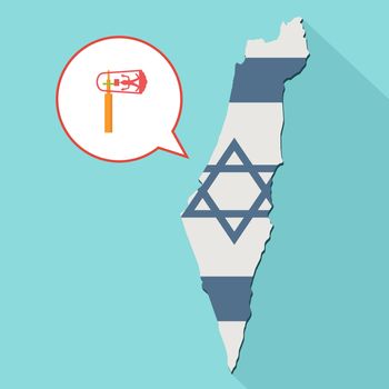 Animation of a long shadow Israel map with its flag and a comic balloon with a purim gragger.