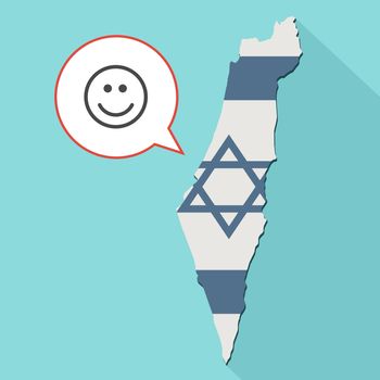 Animation of a long shadow Israel map with its flag and a comic balloon with smile emoji face
