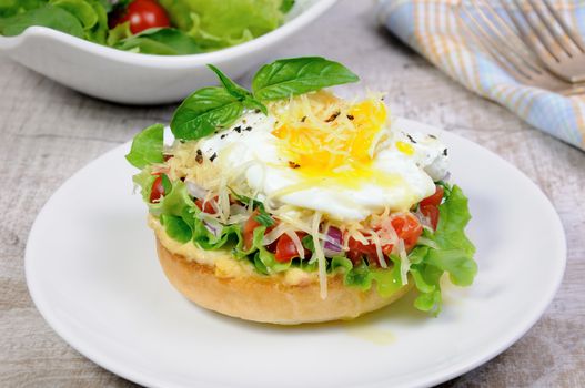 Sandwich with vegetable filling and egg poached, sprinkled cheese