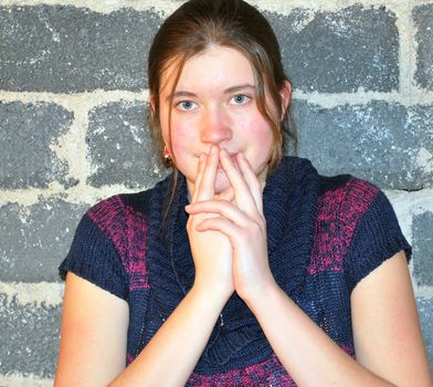 Female beauty fashion model in studio basement.