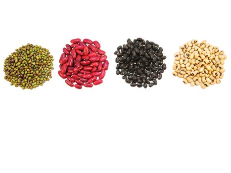 Black eye peas, mung beans, black beans and red kidney beans on white background