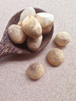 Straw mushroom with wooden spoon on plywood background