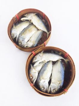 short mackerel on a round crate made of bamboo, used to transport fruits or fish on white background