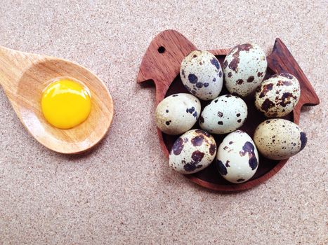 Quail eggs on wooden bird shaped saucer and egg yolk on wooden spoon