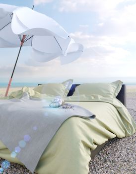 Beach lounge - bed with umbrella and seashell vacation and summer concept photo