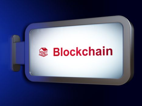 Currency concept: Blockchain and Money Box on advertising billboard background, 3D rendering