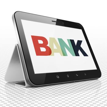 Money concept: Tablet Computer with Painted multicolor text Bank on display, 3D rendering