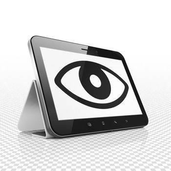 Security concept: Tablet Computer with  black Eye icon on display,  Tag Cloud background, 3D rendering