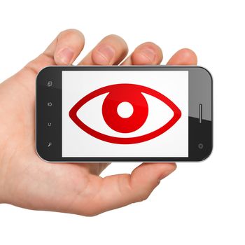 Safety concept: Hand Holding Smartphone with  red Eye icon on display,  Hexadecimal Code background, 3D rendering