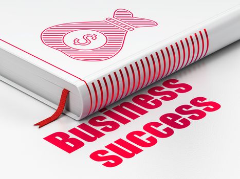 Business concept: closed book with Red Money Bag icon and text Business Success on floor, white background, 3D rendering