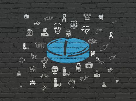 Healthcare concept: Painted blue Pill icon on Black Brick wall background with  Hand Drawn Medicine Icons