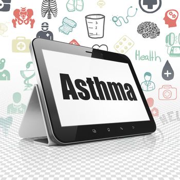 Health concept: Tablet Computer with  black text Asthma on display,  Hand Drawn Medicine Icons background, 3D rendering