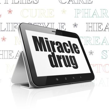 Healthcare concept: Tablet Computer with  black text Miracle Drug on display,  Tag Cloud background, 3D rendering