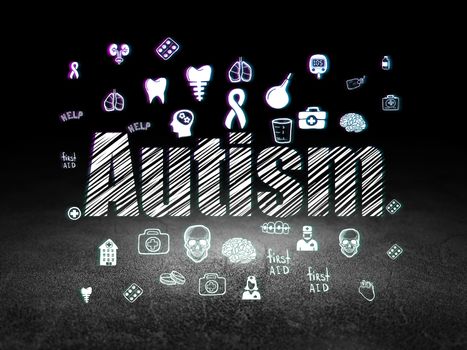 Medicine concept: Glowing text Autism,  Hand Drawn Medicine Icons in grunge dark room with Dirty Floor, black background