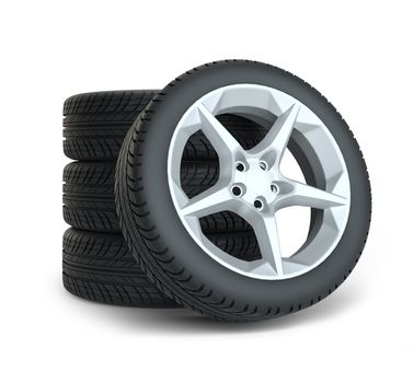 Stack of wheels on white background. 3d illustration