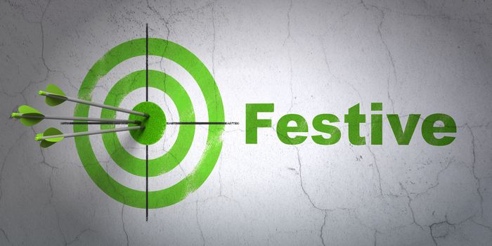 Success entertainment, concept: arrows hitting the center of target, Green Festive on wall background, 3D rendering